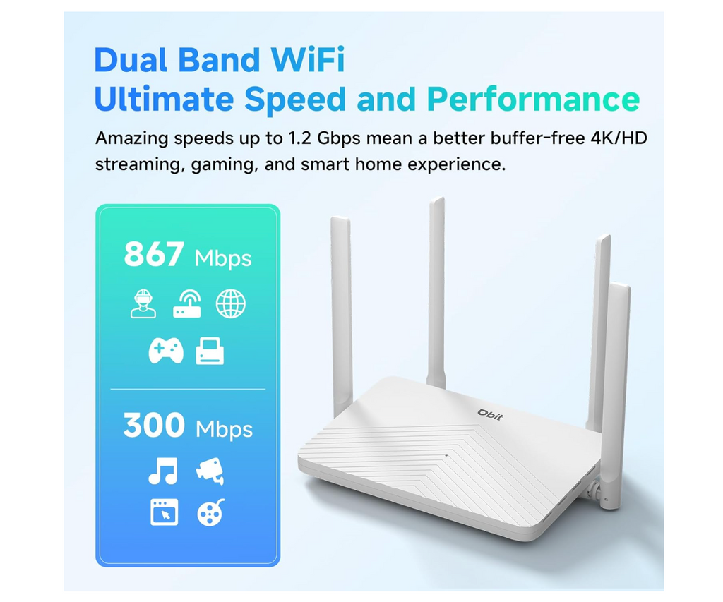 Router WiFi DBIT AC1200 2.4GHz +5GHz de doble banda MU-MIMO con 4 puertos Gigabit Ethernet, 4 x 5dBi antenas, modo puente y repetidor, EasyMesh, red de invitados (T18-21K