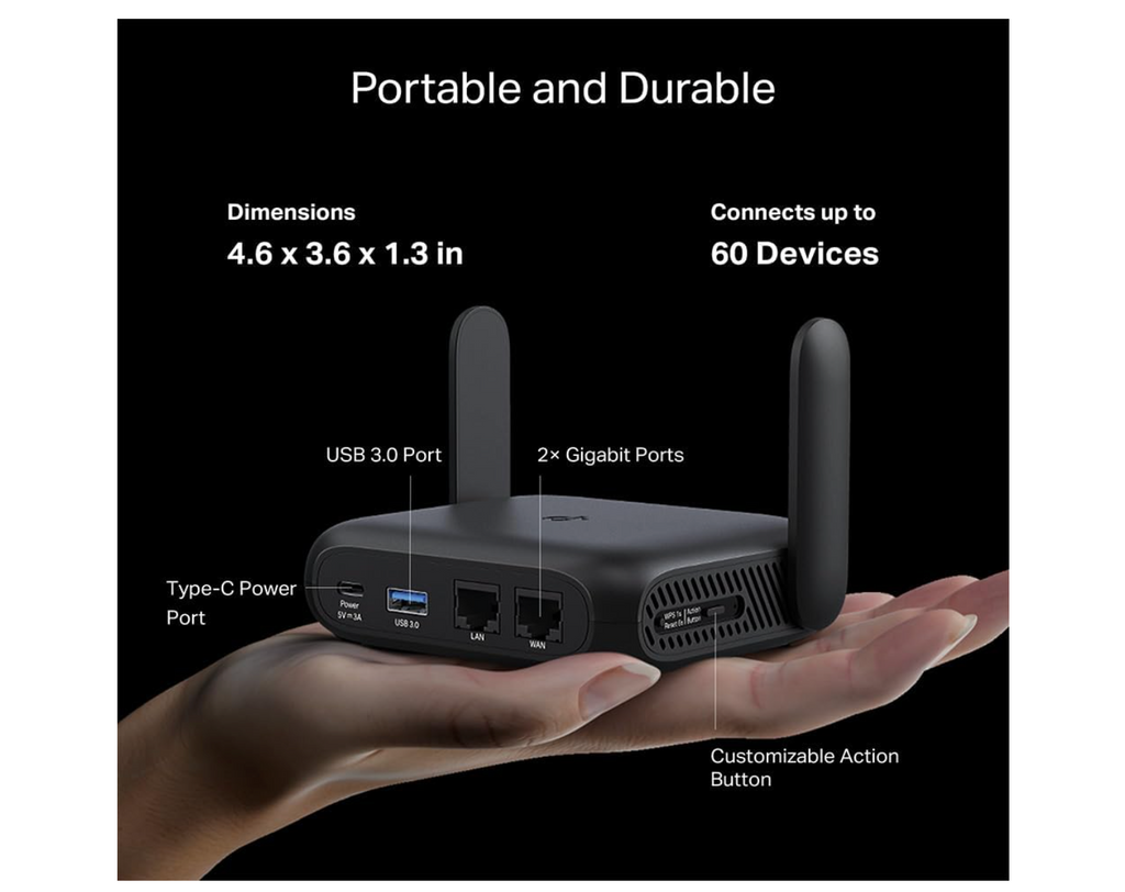 TP-Link Roam 6 AX1500 Router portátil Wi-Fi 6 de doble banda | Compartir WiFi público fácil | Aprobado para hotel/RV/viajes | Cable WiFi para teléfono | USB C 3.0 | Multimodo | OpenVPN, WireGuard |