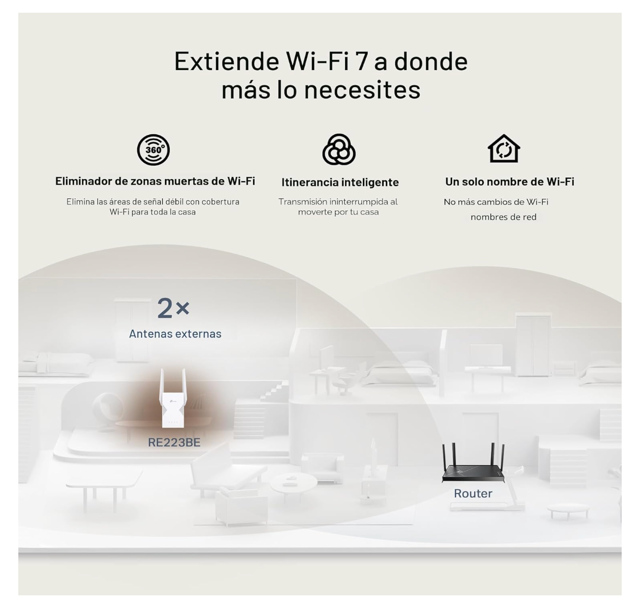 TP-Link BE3200 Wi-Fi 7 Extensor de alcance RE223BE con puerto Ethernet | Repetidor inalámbrico de doble banda de 3.2 Gbps | Amplificador de señal de Internet para el hogar | Hasta 2400 pies cuadrados
