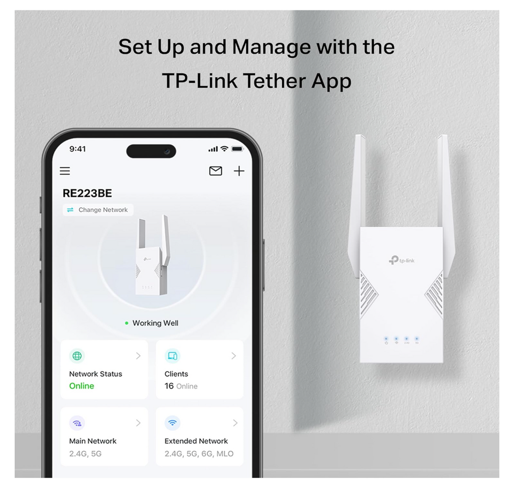 TP-Link BE3200 Wi-Fi 7 Extensor de alcance RE223BE con puerto Ethernet | Repetidor inalámbrico de doble banda de 3.2 Gbps | Amplificador de señal de Internet para el hogar | Hasta 2400 pies cuadrados